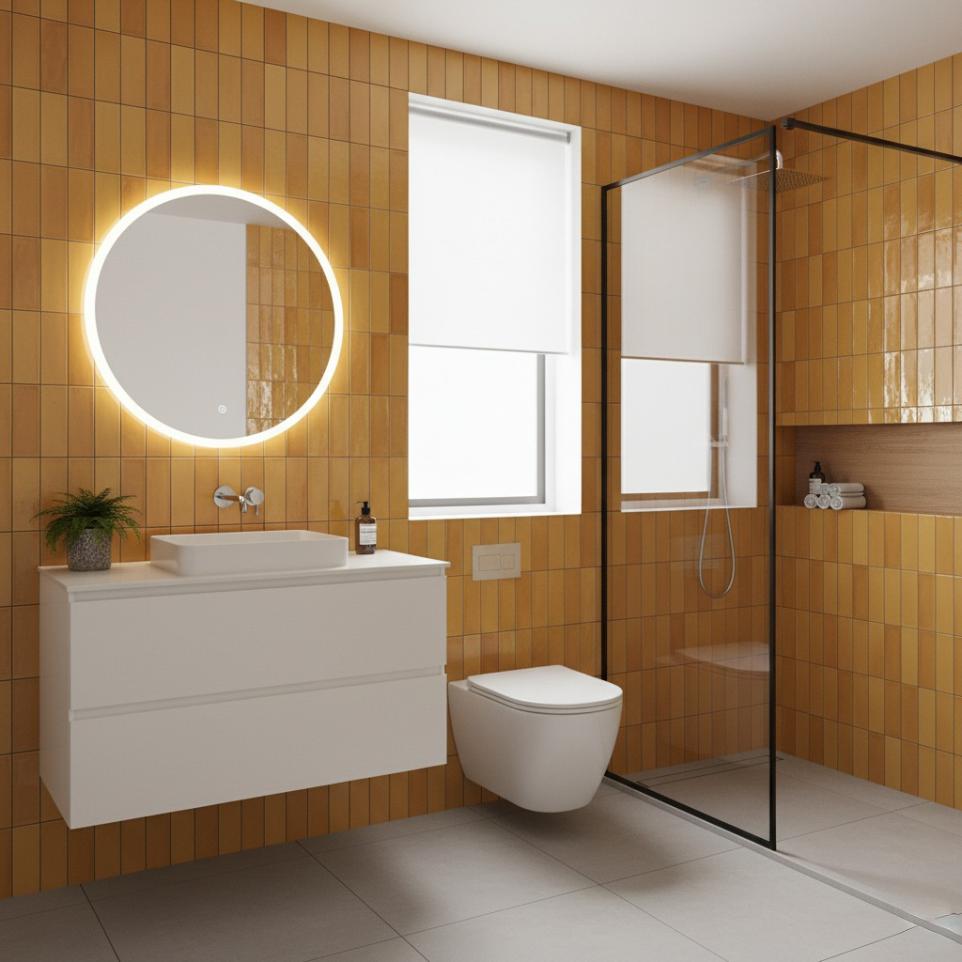 A modern bathroom featuring vertically stacked 2x6 yellow subway tiles