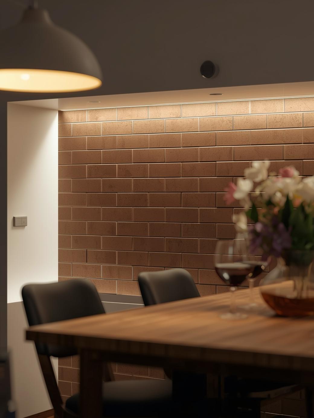 4x16 brown subway tiles in dining area