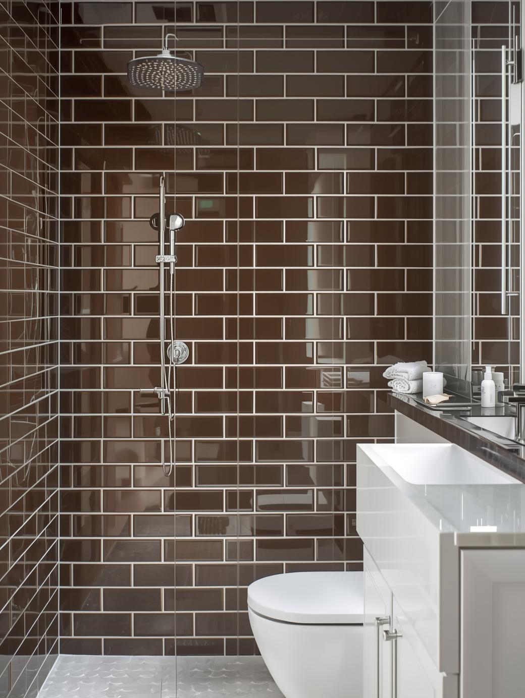 4x16 brown subway tiles in bathroom