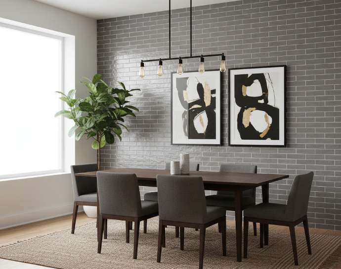 Dining room with grey ceramic subway tile in  running bond pattern