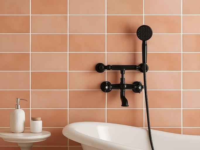 A bathroom wall tiled with Fresco 3X6 Subway Tiles Glossy Ceramic in a peach hue