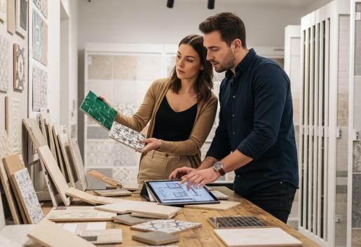 Couple comparing tile samples and patterns on digital tablet in tile showroom for home renovation project