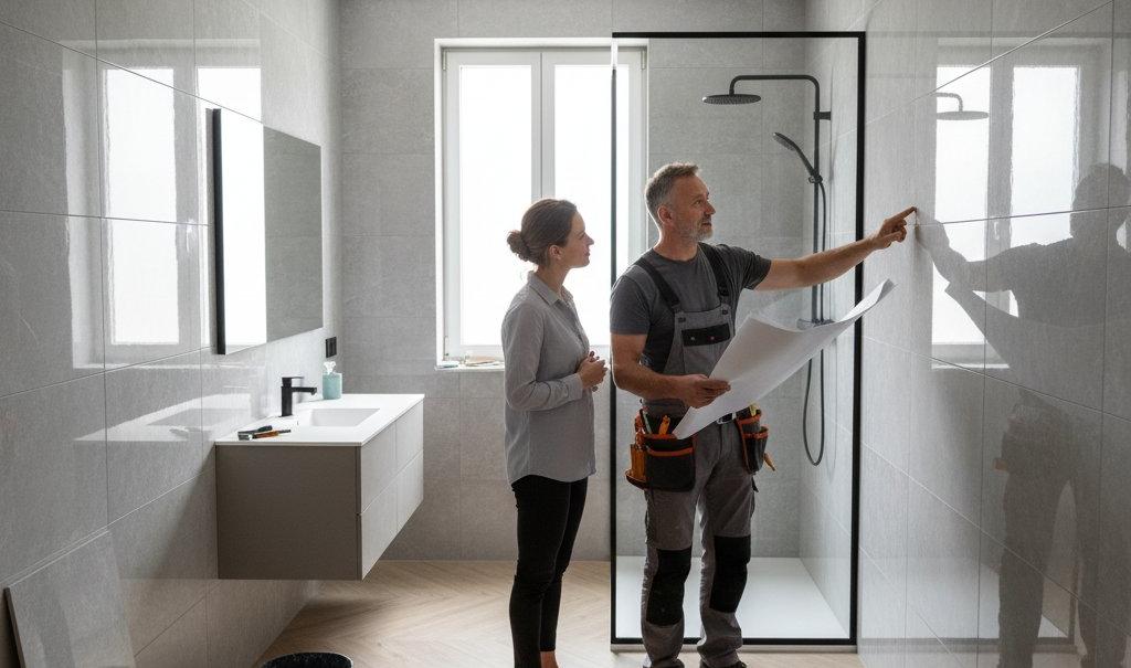 A tile installer in overalls discusses blueprints with a client while pointing to a newly tiled bathroom wall.