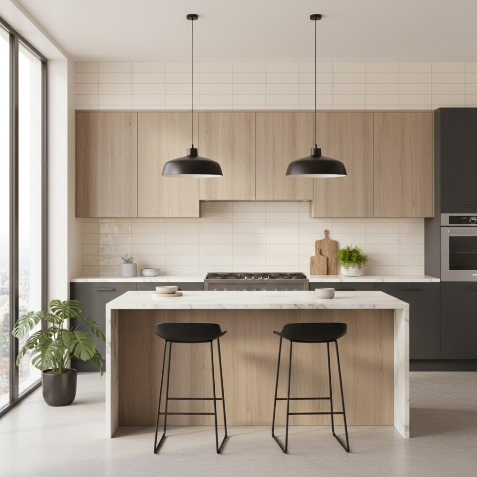 Modern kitchen with Lucida 3x9 glossy ceramic subway tile backsplash, wood and dark gray cabinetry, and a marble island.
