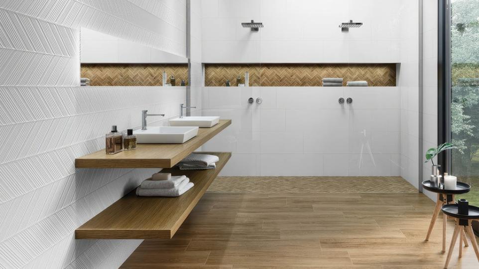 Bathroom with a floating wood vanity and showers, featuring Prestige Matte 3D Decorative Ceramic Wall Tile on the accent wall.