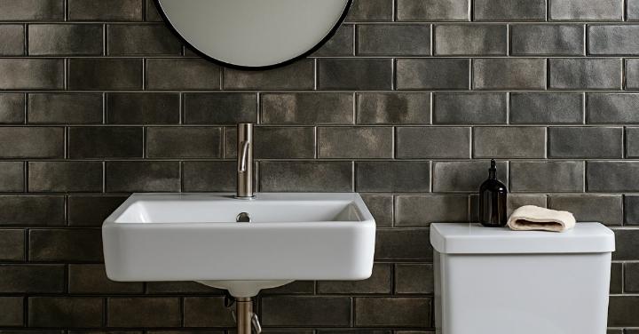 metallic look bathroom subway tiles