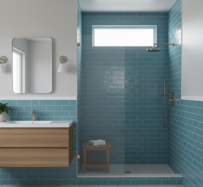bathroom blue subway tiles