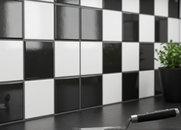 Black and white checkerboard subway tile backsplash in modern kitchen
