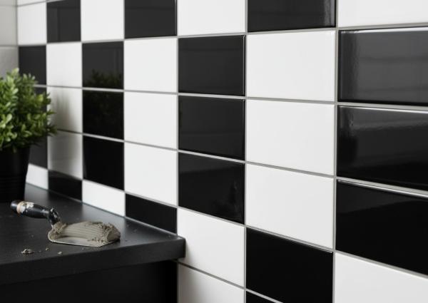 Glossy ceramic subway tiles arranged in classic checkerboard design