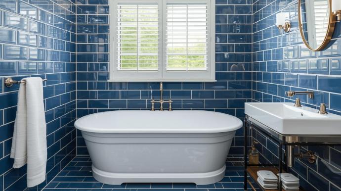 3x9 blue subway tiles in bathroom