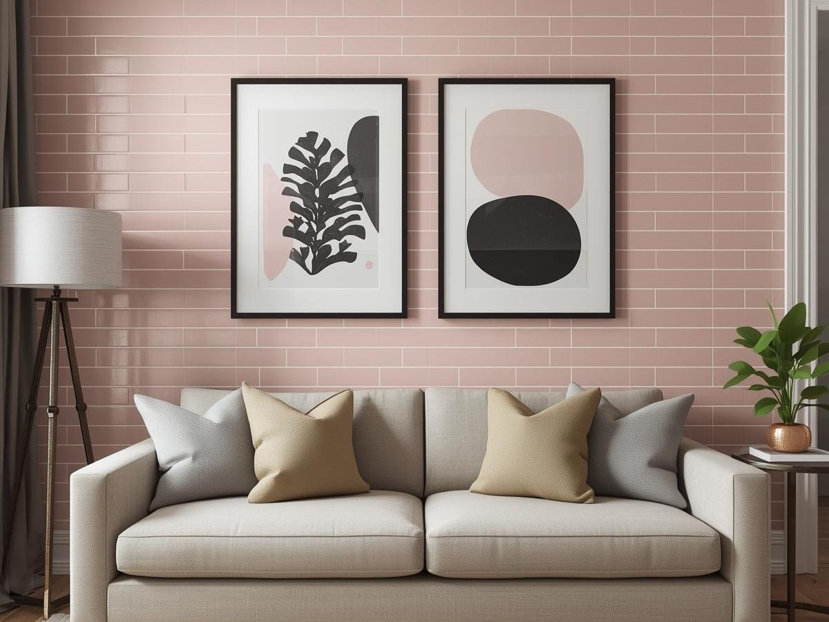 living room with sofa and two paintings with 3x6 Pink Subway Tiles