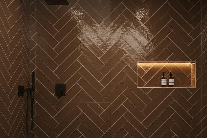 brown subway tile in bathroom setting