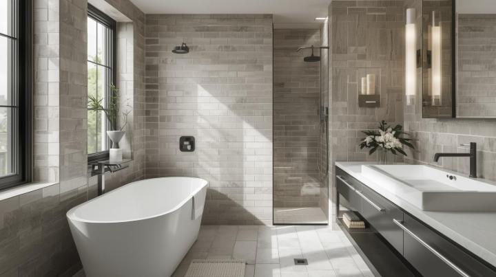 Interior deisng of bathroom with concrete look subway tile
