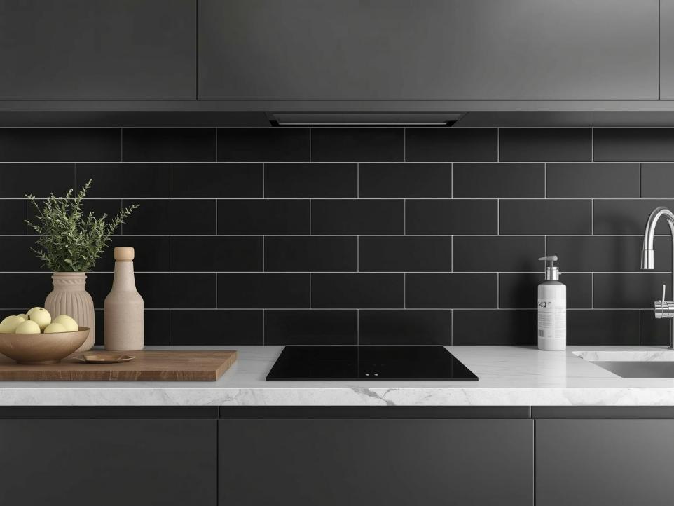 Modern kitchen backsplash featuring glossy black subway tiles with white grout lines and minimalist decor