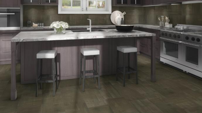 Rustic Metallic Textured Finish Porcelain Tile as floor and backsplash surrounds of interior design