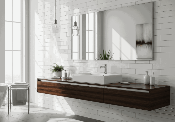 Traditional horizontal white subway tile with dark grout lines