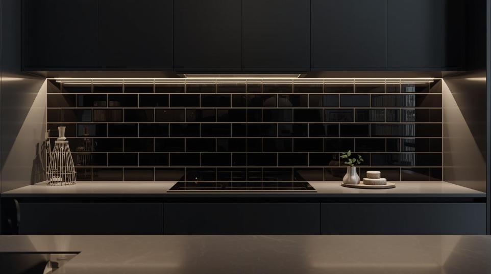 Traditional Running bond pattern black subway tile featured kithen