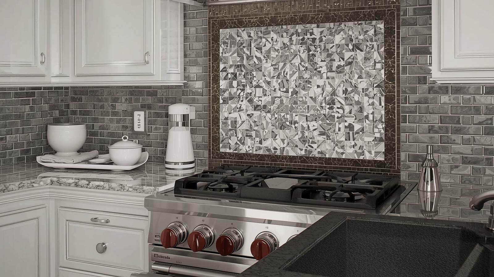 Dark gray subway tile backsplash with decorative mosaic focal point behind gas range.