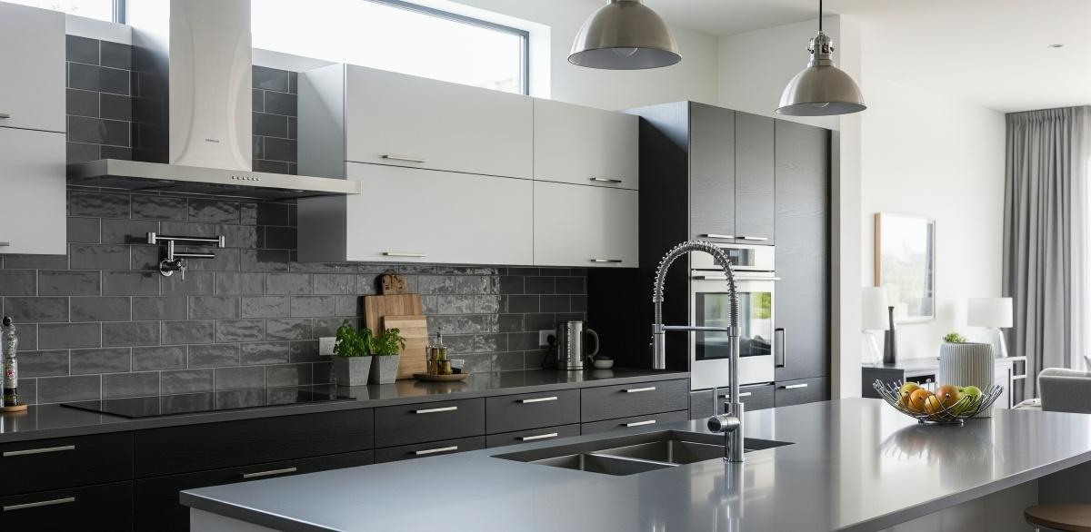 Dark gray subway tile backsplash in modern kitchen with two-tone cabinets and industrial pendant lights.
