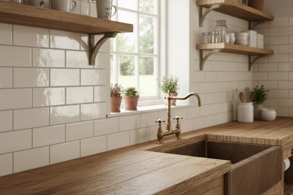 Cream subway tiles in running bond layout complementing reclaimed wood countertops in rustic kitchen