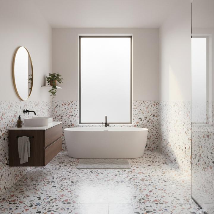 Terrazzo 24x24 Matte Finish Porcelain Tile used as an aesthetic complement in bathroom wall and florring