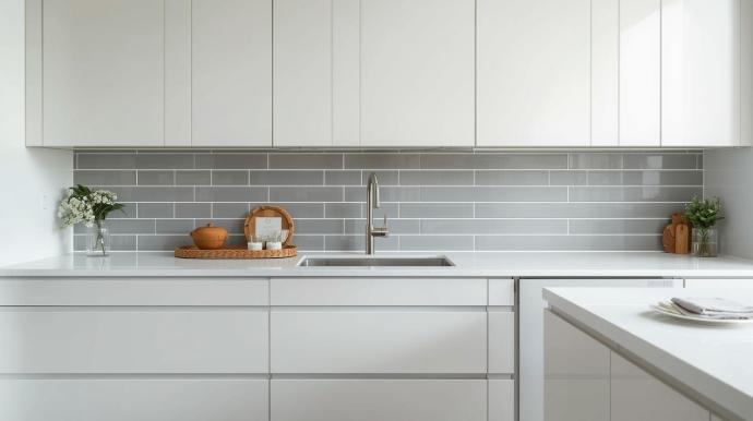 Modern kitchen with sleek white flat-panel cabinets, a white countertop, and a glossy, gray subway tile backsplash installed in a horizontal stack pattern. A stainless steel faucet is centered over the sink, with a small wooden tray and plant on the counter.