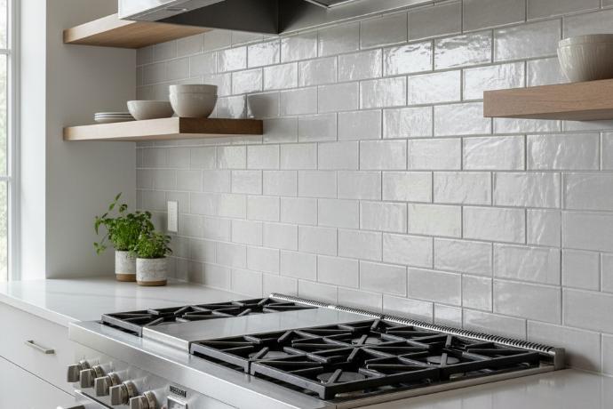 Light grey ceramic subway tiles installed behind modern kitchen range
