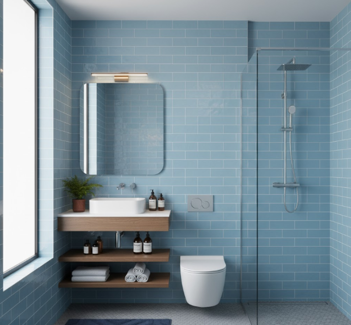 subway tile bathroom light blue