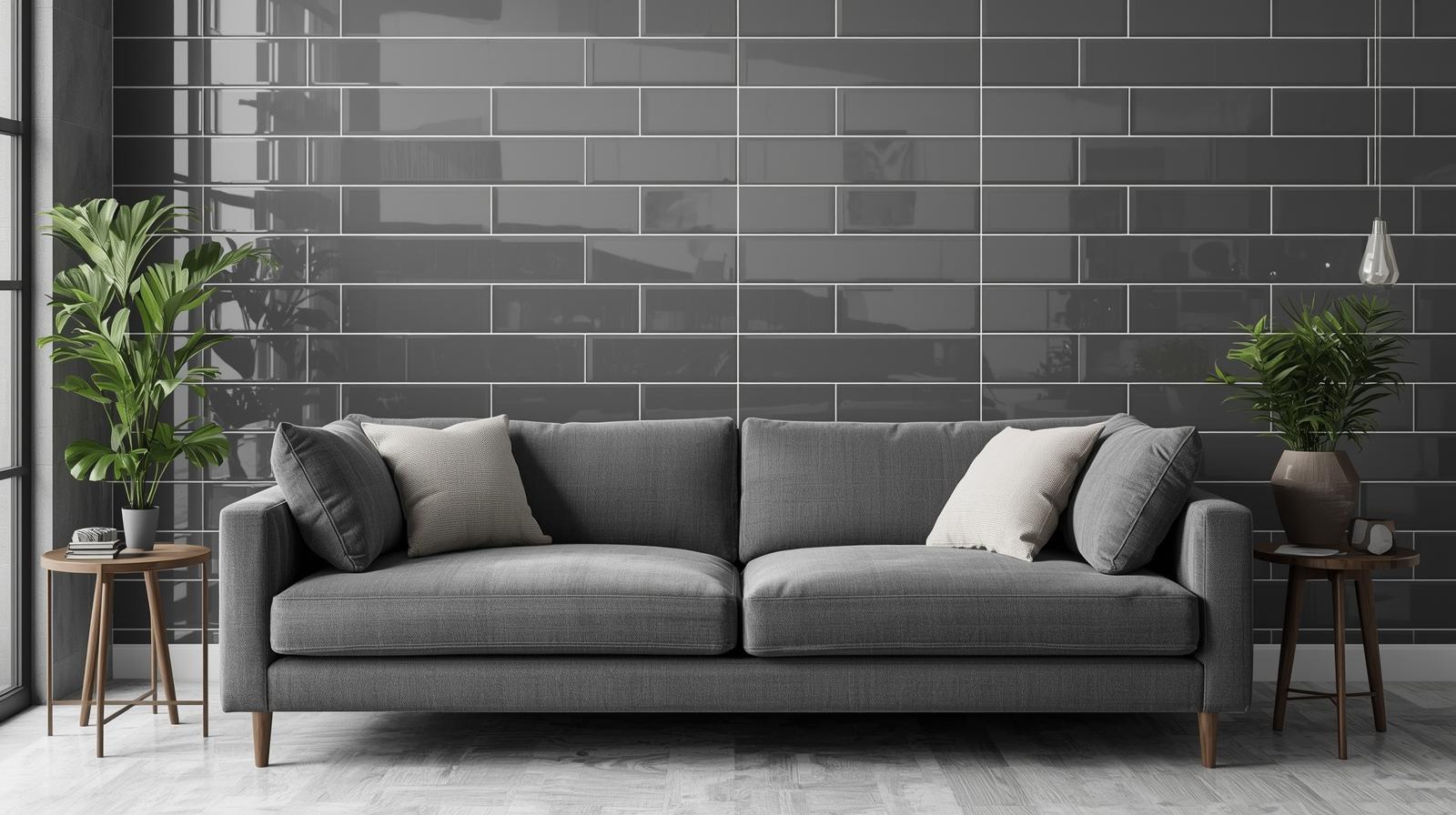 Grey porcelain subway tiles installed in modern living room