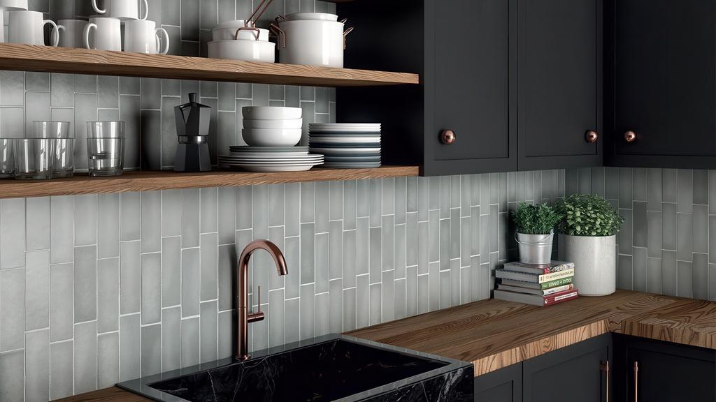 Gray glossy subway tile backsplash with herringbone installation in modern kitchen