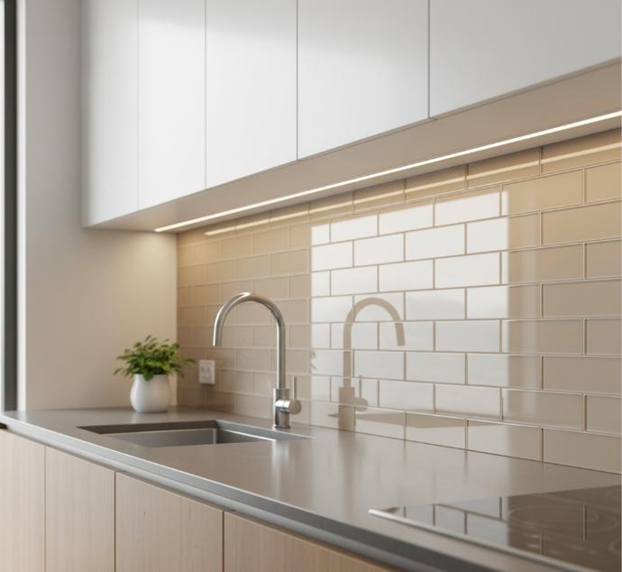 beige subway tile backsplash kitchen