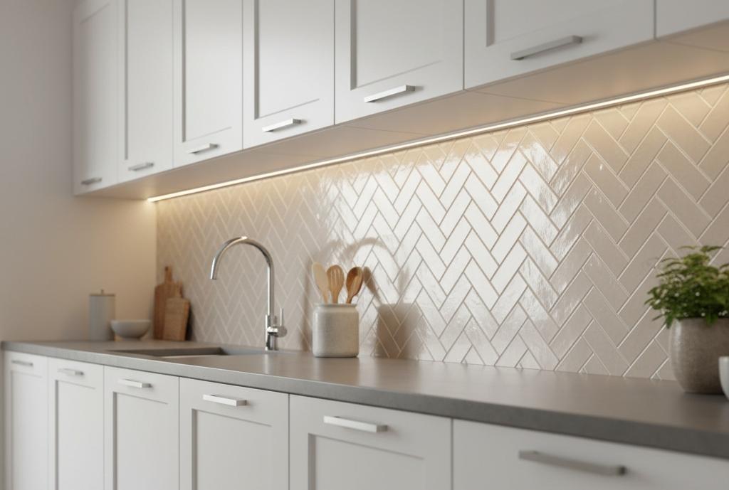 Warm beige ceramic subway tiles in herringbone pattern kitchen installation
