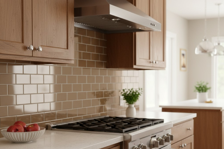 Kitchen renovation with beige glossy subway tiles and gray grout