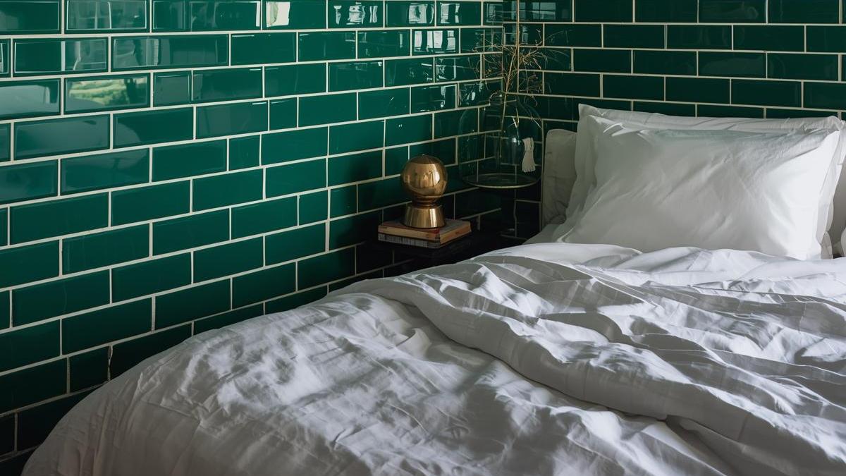 bedroom with walls of Green Porcelain Subway Tiles