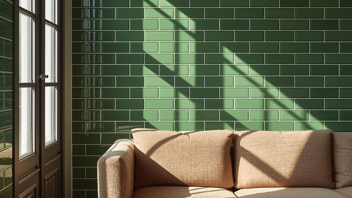Green Porcelain Subway Tiles in walls with sofa at living room