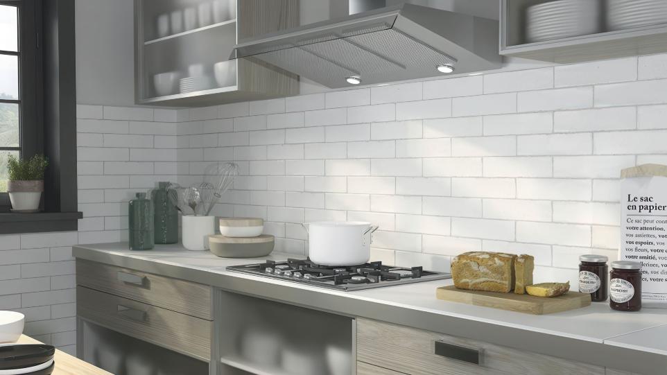 Nantes white subway tile kitchen backsplash installed behind a gas stovetop