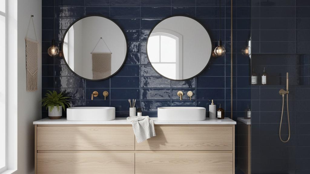 A modern bathroom vanity with a glossy, dark blue subway tile backsplash