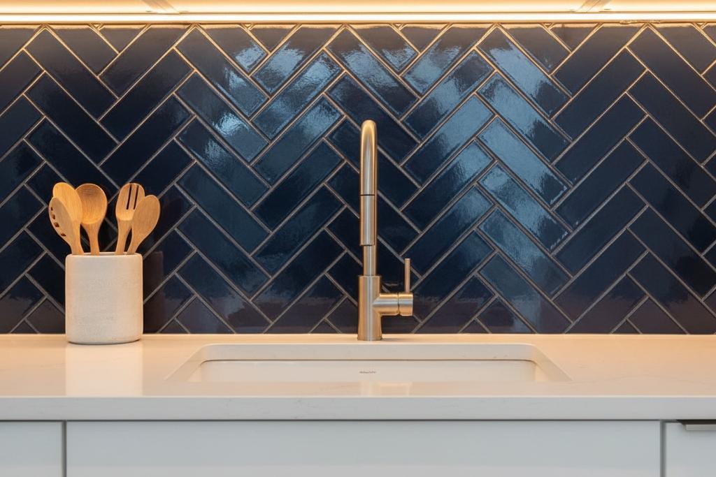 Blue subway tiles kitchen backsplash with herringbone pattern and brass fixtures
