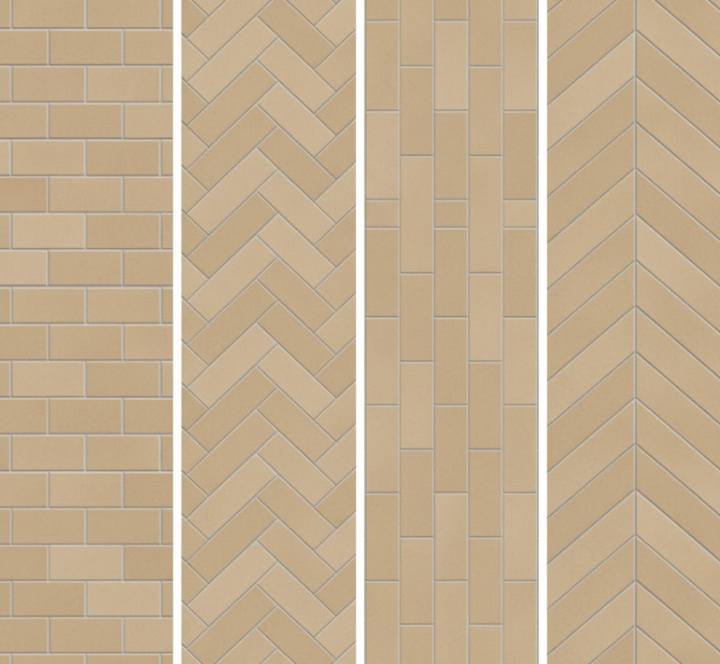 Four beige tile laying patterns: running bond, herringbone, vertical stack, and chevron