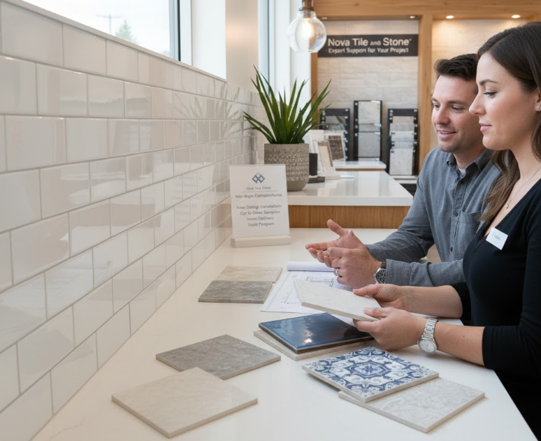 A man and woman sit at a counter in a tile and stone showroom, discussing design options.