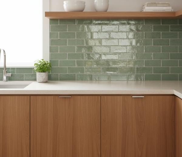 Glossy colored subway tile in sage green coordinating with natural wood cabinets and neutral quartz countertop