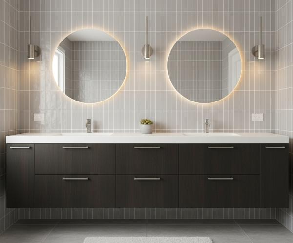 Vertical subway tile installation behind bathroom vanity with dark cabinets and white solid surface countertop