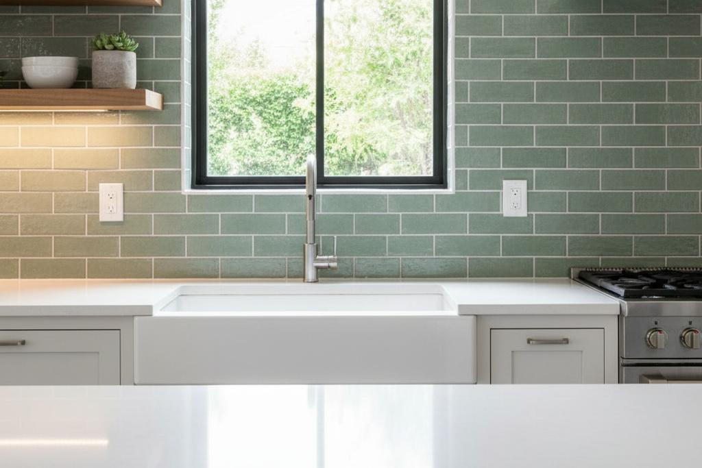 Sage green subway tile backsplash with white farmhouse sink and open shelving