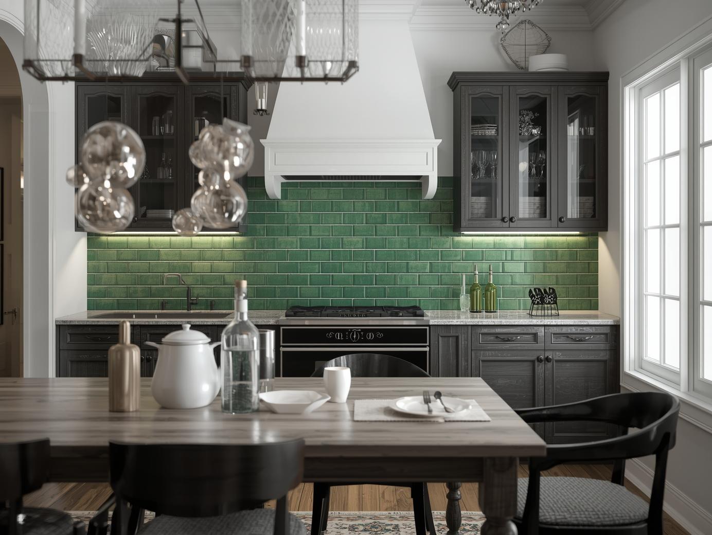 Green subway tile kitchen backsplash with dark cabinets and white range hood