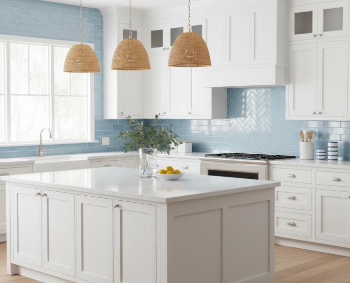 Coastal style kitchen featuring light blue ceramic subway tiles
