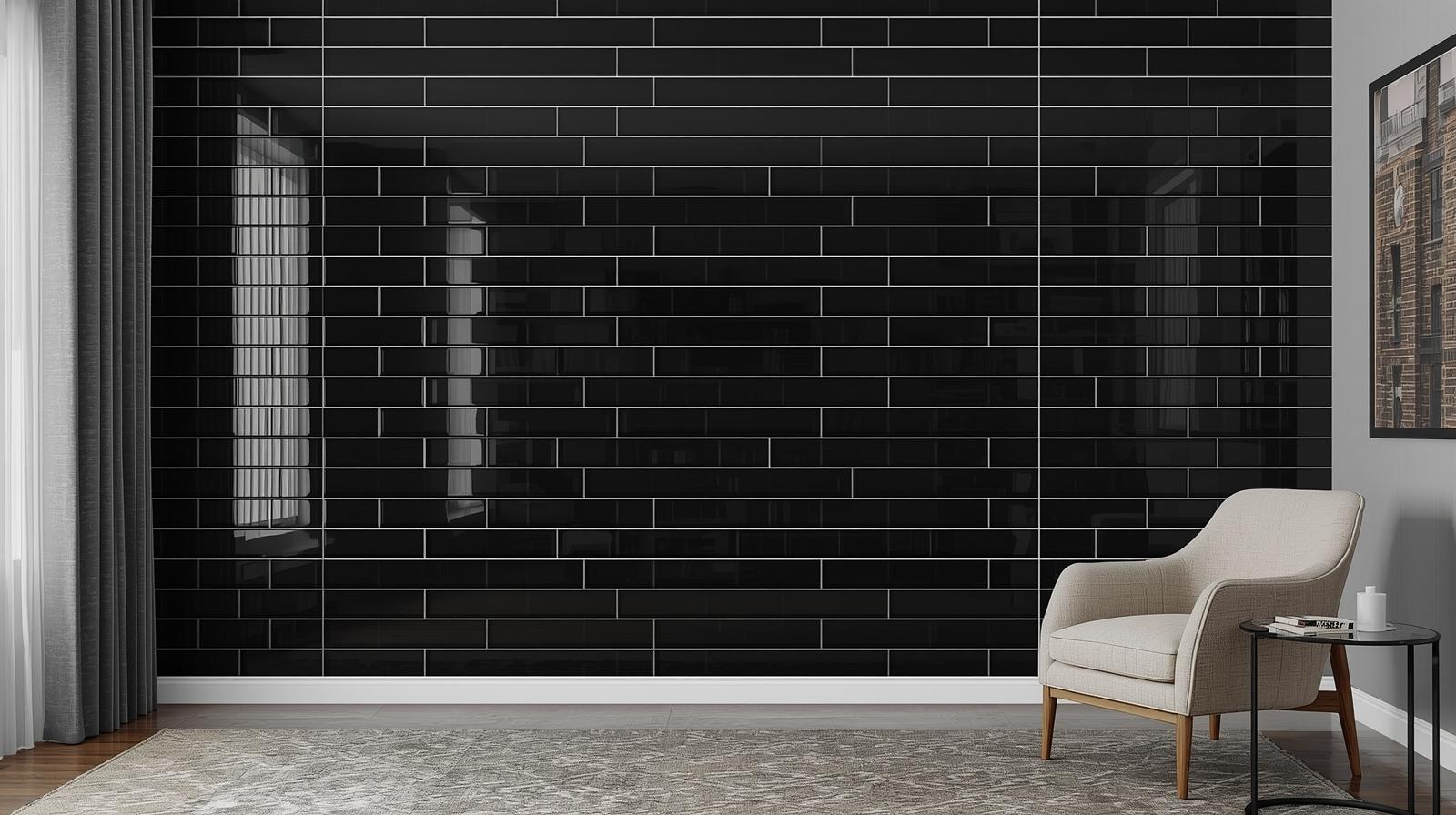 Modern living room with black subway tile accent wall and beige armchair