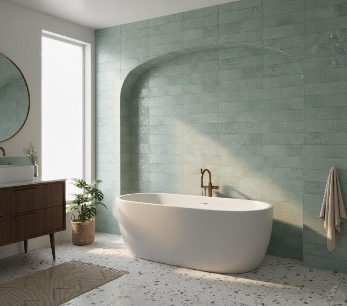 Modern bathroom with white freestanding tub and brass faucet, set against a light green wall of Montera 2.5x9 Glossy Porcelain Subway Tile.