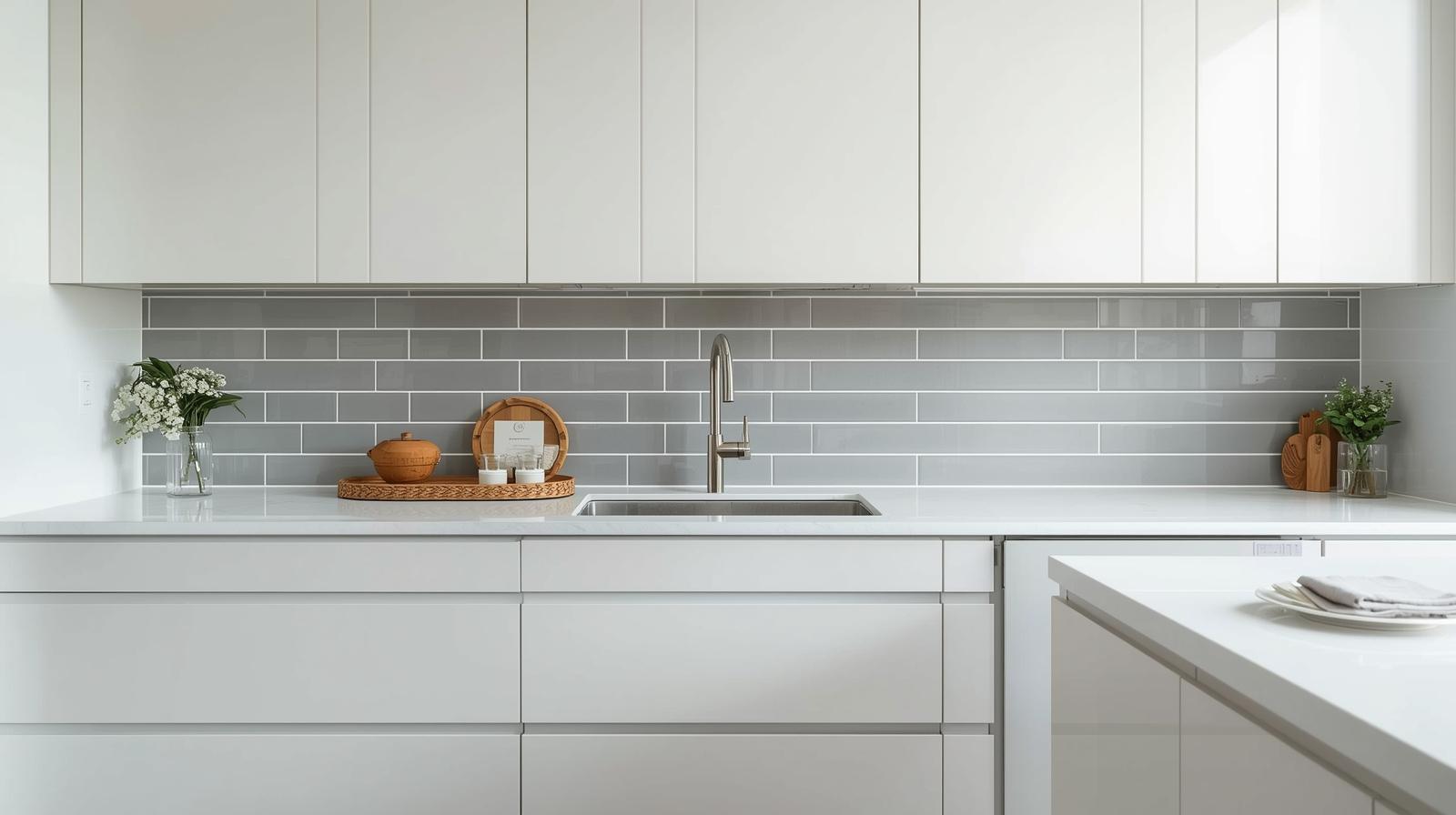 Gray subway tile kitchen backsplash with white cabinets