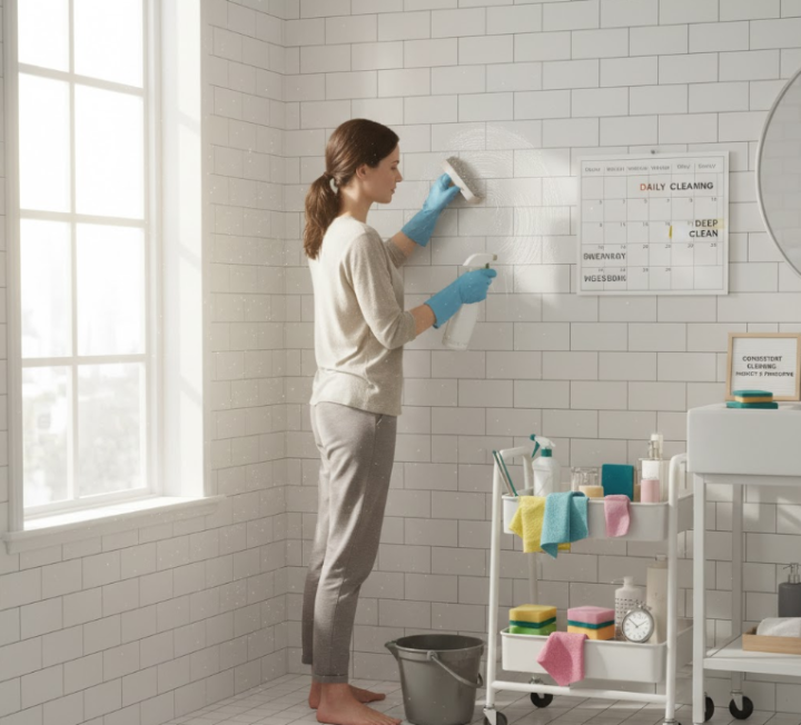 Woman cleaning white subway tiles