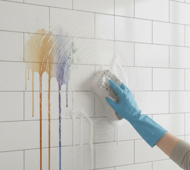 hand scrubbing a stained subway tiled wall